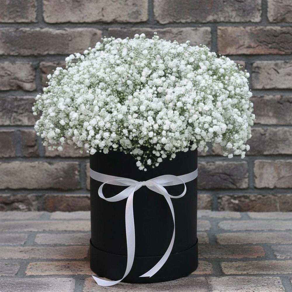 Цветочная композиция из Гипсофила в шляпной коробке в Дмитриевка Уфимский район